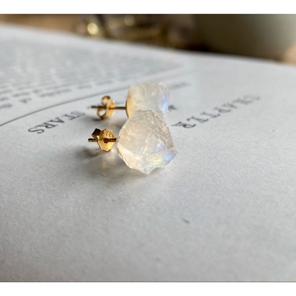 1 LEFT! Raw Moonstone Gemstone Crystal Stud Earrings - Picture 6 of 9